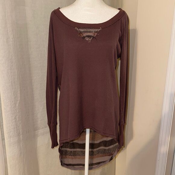 fp We The Free M Mauve Tan Lavender Gray Striped Waffle Knit Thermal Sweater - Picture 1 of 14